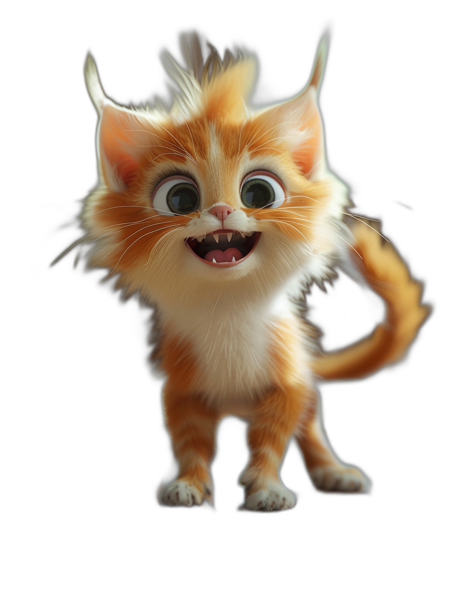 3D render of a cute, happy smiling orange and white kitten character with a long, fluffy tail and big eyes, in the style of Pixar, on a black background.