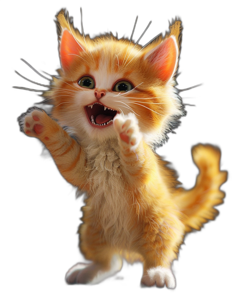 3d render of cute happy smiling orange and white kitten, full body shot, jumping in the air with his paws up on black background, octane rendering, bright eyes, hyper realistic,