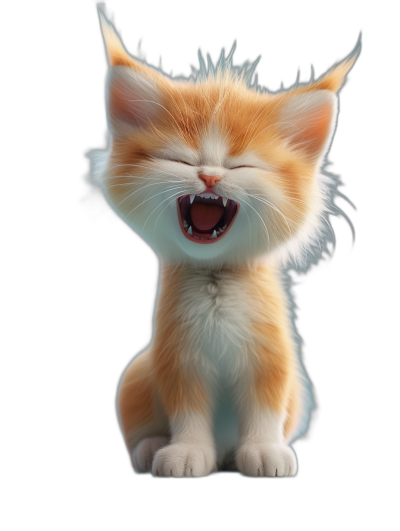 3D render of a happy cute kitten in the style of Pixar, laughing and roaring with its mouth open against a black background with white lighting in a hyper realistic style.