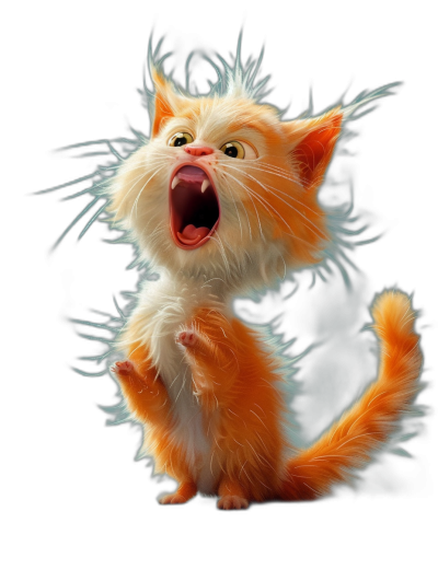 A very cute happy screaming cat, full body, black background, in the digital art style.