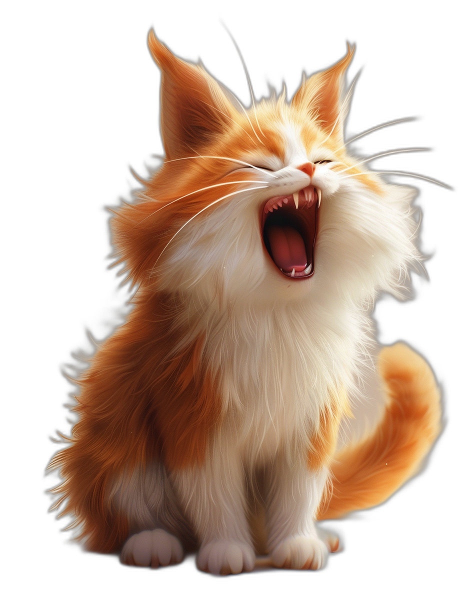 realistic happy cute orange and white cat meowing, cartoon style, digital art, black background, cute, hyper realistic