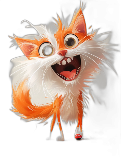 A full body shot of a happy, smiling orange and white fluffy cat character with big eyes in the style of [Tiago Hoisel](https://goo.gl/search?artist%20Tiago%20Hoisel), with a caricature-like, playful realistic style. Black background.