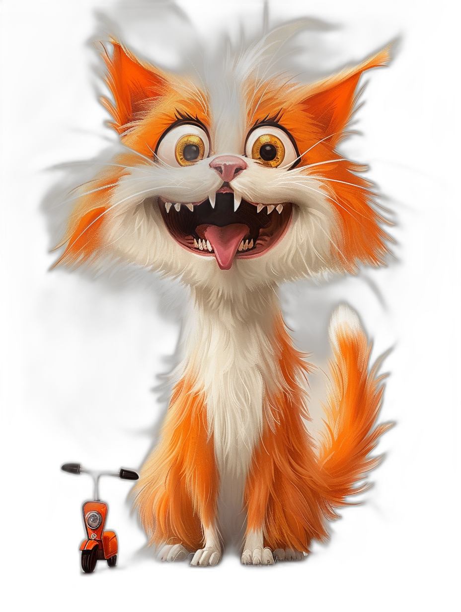 a cute orange and white cat with big teeth, full body character design by [Tiago Hoisel](https://goo.gl/search?artist%20Tiago%20Hoisel), caricature-like, playful caricatures, hyper-realistic details, cartoon mis-en-scene , isolated on black background, natural lighting, portrait photography