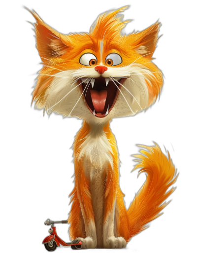 A happy smiling orange cat with white fur on its face, big eyes and long tail sitting next to his scooter in the style of Disney, cartoon character design, black background, very detailed, high resolution