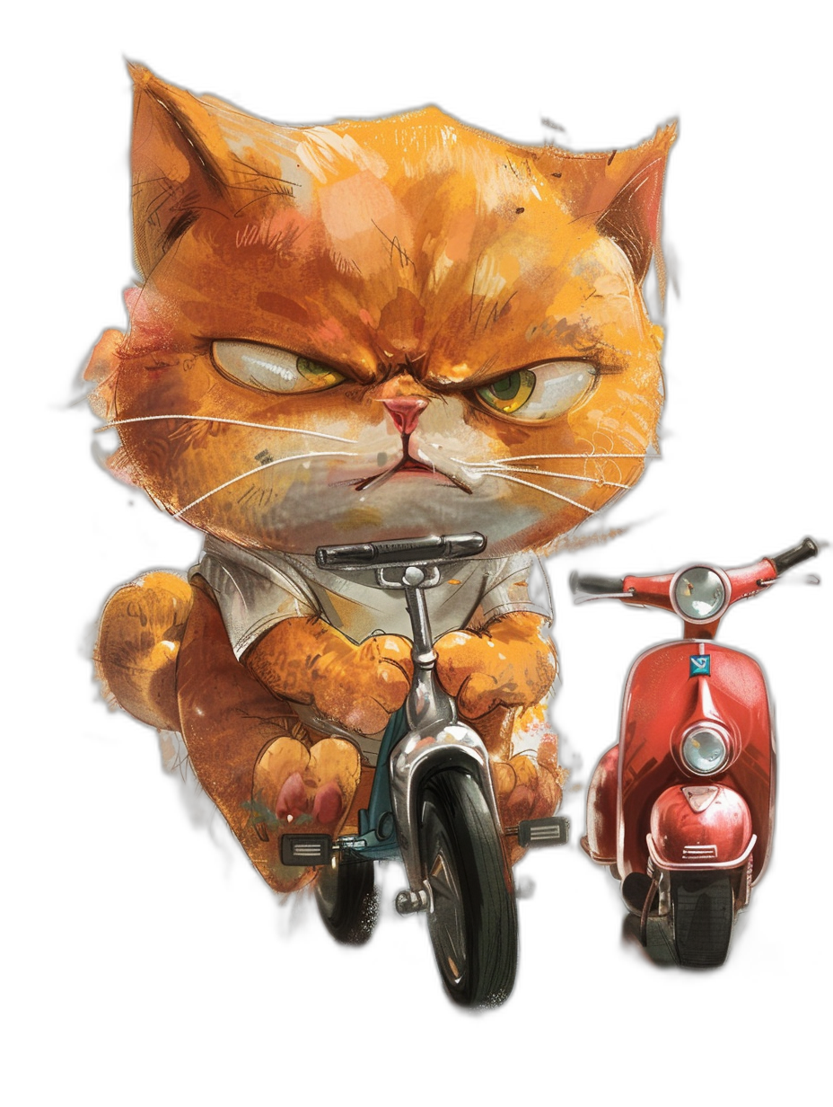 grumpy orange cat in white shirt riding red vespa, in the style of [Tiago Hoisel](https://goo.gl/search?artist%20Tiago%20Hoisel), caricature-like, playful caricature