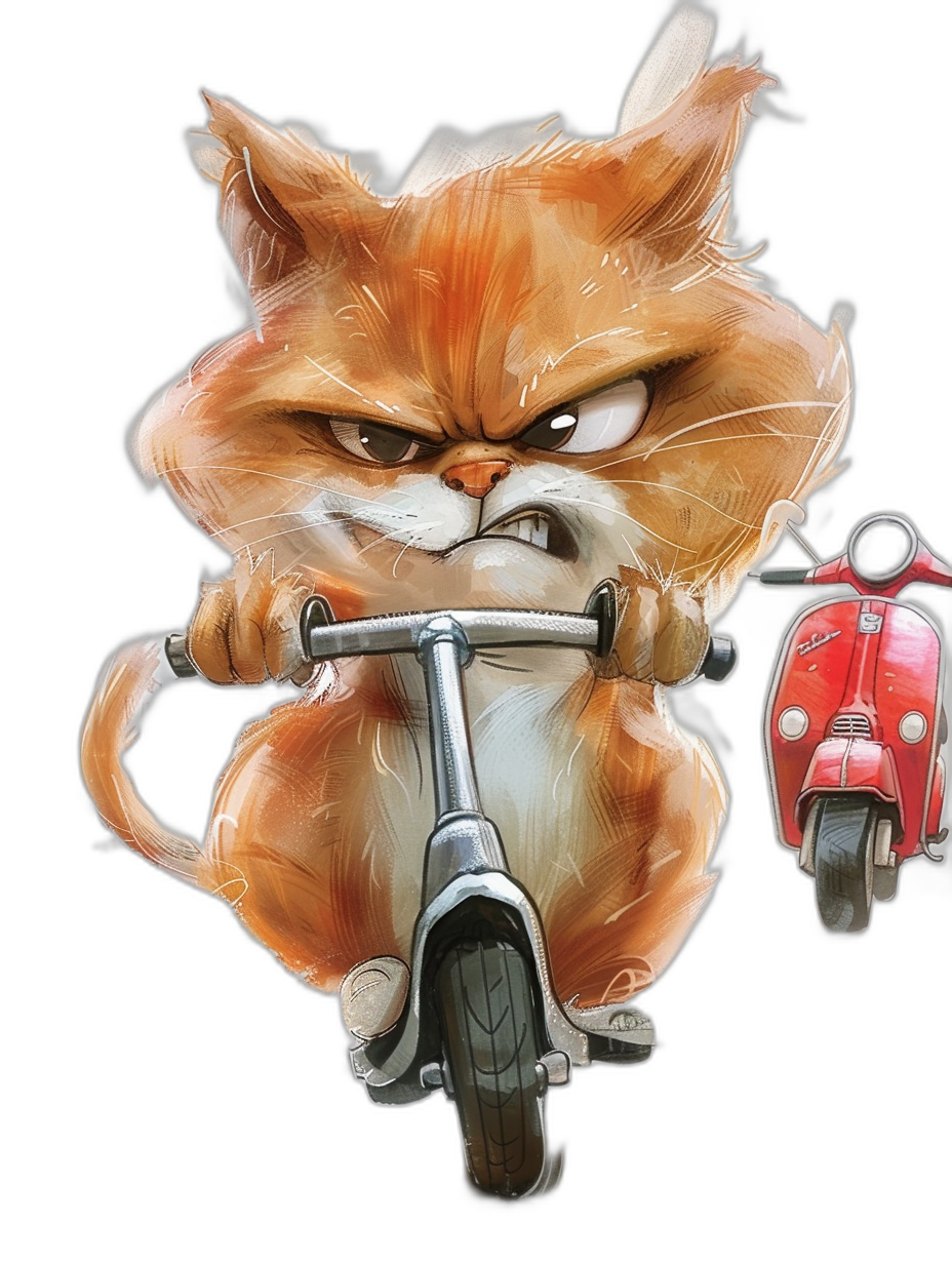 grumpy cat riding scooter in the style of [Tiago Hoisel](https://goo.gl/search?artist%20Tiago%20Hoisel), caricature-like and playful with cartoonish elements against a dark background