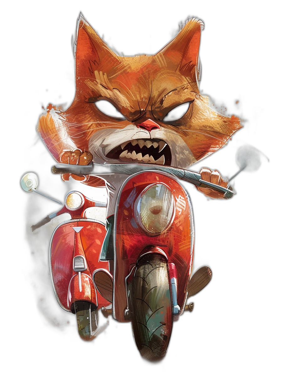 t-shirt design, character concept art of an angry orange cat riding on the back of a red scooter with white wheels, black background, digital painting in the style of [Yoji Shinkawa](https://goo.gl/search?artist%20Yoji%20Shinkawa) and [Greg Rutkowski](https://goo.gl/search?artist%20Greg%20Rutkowski), fantasy art style