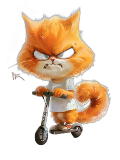 A cute orange cat with an angry expression, wearing white sportswear and riding electric scooters on a black background, in the style of Pixar.