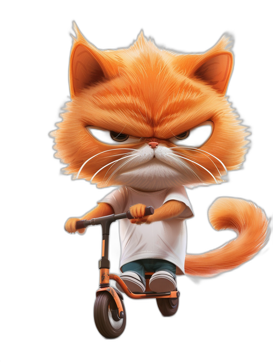 Cute cartoon orange cat riding a scooter, wearing a white T-shirt and black shorts with big eyes and an angry expression against a black background in a full body portrait high definition wallpaper.