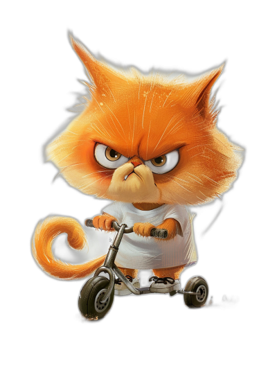 grumpy orange cat wearing a white t-shirt, riding a scooter with an angry face, on a black background, in the style of Pixar cartoon character design, showing the full body