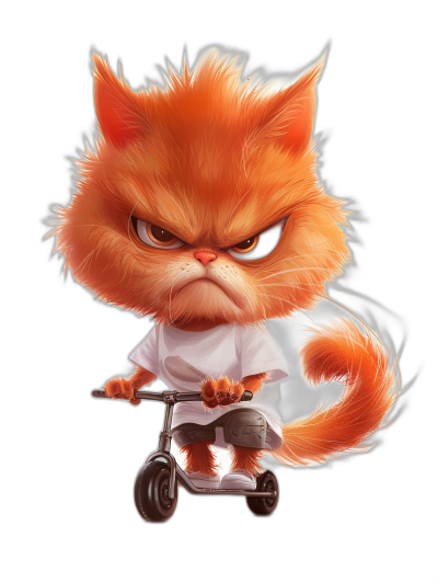 Cute orange cat character wearing a white t-shirt, riding a scooter with an angry facial expression and furry hair, in the style of Disney Pixar movie posters, on a simple black background in a chibi style. The photo has high quality, high resolution with sharp focus and intricate details. It uses soft light and bright colors with a detailed background in a hyperrealistic style.