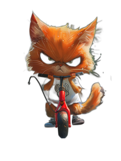 Cute orange cat, riding on a scooter in a white t-shirt with a black print and jeans, with a snooty cartoon face and caricatured facial expressions, in the vector illustration style art for a child's book in the style of Pixar, Disney and [Tim Burton](https://goo.gl/search?artist%20Tim%20Burton), against a solid black background, with high contrast and hyper detailed.