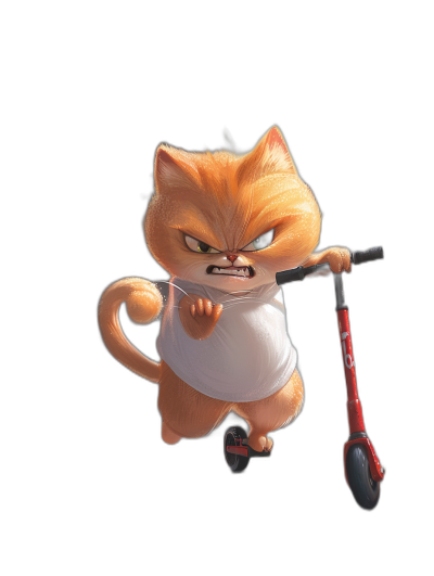 A cute orange cat, wearing a white T-shirt and black shorts with an angry expression riding an electric scooter on the left side of the screen in a full body shot, in the style of Pixar, with Disney renderings against a pure black background in high definition.