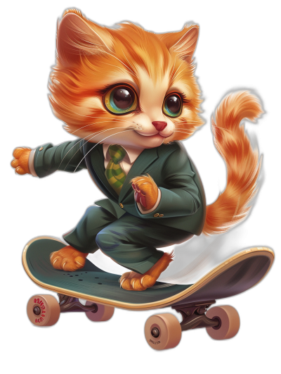 A cute ginger cat in a suit and tie riding on a skateboard, vector illustration in the style of [Artgerm](https://goo.gl/search?artist%20Artgerm), fantasy art style, black background, high resolution