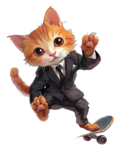 A cute ginger cat in a suit, riding on a skateboard in the style of [Greg Rutkowski](https://goo.gl/search?artist%20Greg%20Rutkowski), anime style, black background, concept art.