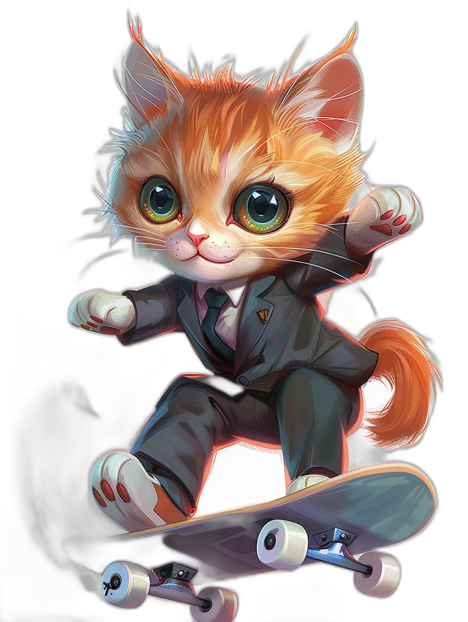 Cute cat wearing a suit and tie, skateboarding with big eyes against a black background in the cartoon style of digital art design for 2D games, with character design and detailed rendering at a high resolution and quality. The image uses colorful, highly saturated and contrasting bright colors with lively movements in a full body portrait.