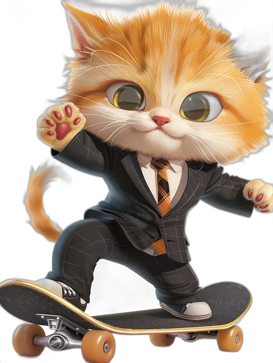 Cute cartoon cat in suit and tie riding on skateboard, big eyes, cute tail with pink claws showing, black background, cartoon style, Disney Pixar style, 3D rendering, high resolution, high quality, full body shot, detailed skin texture, professional photography lighting, sharp focus, high detail, HDR, super realistic