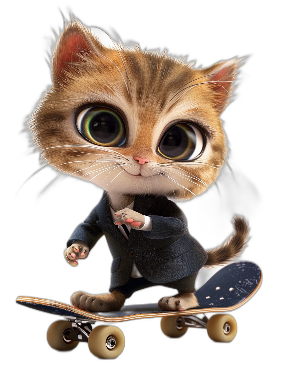 A cute cat in a suit, with big eyes, riding on a skateboard, against a black background, in the style of Pixar.