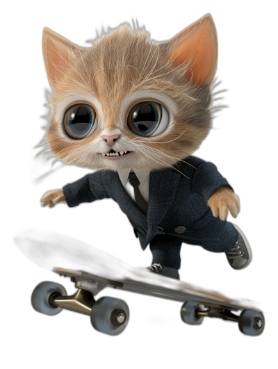 A cute baby cat in a suit, riding on a skateboard, with big eyes and a smiling face, in the style of 3D render, on a black background, with high resolution, high details, and high quality.