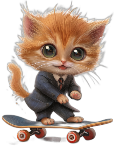 digital art of cute kitten , wear suit, riding on skateboard , black background, big eyes , lovely and beautiful wallpeper