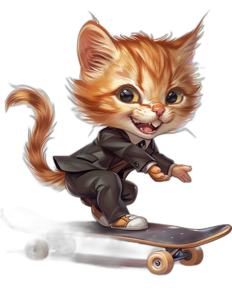 Cute chibi cat wearing a suit, riding on a skateboard with a happy expression and smiling face on a black background. A full body portrait of the cat in the style of a high definition wallpaper with high resolution and super detailed quality while in .