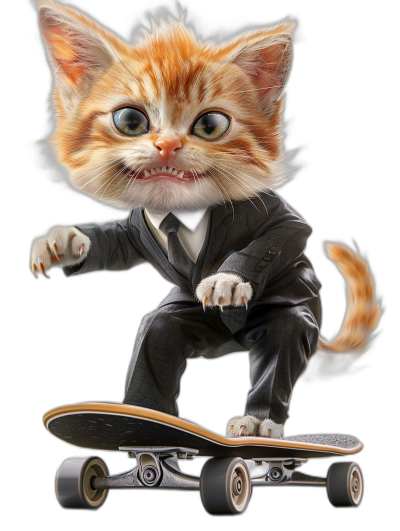 digital art of a cute kitten, wearing a suit and riding a skateboard against a black background with a big head and small body in the style of an anime character.