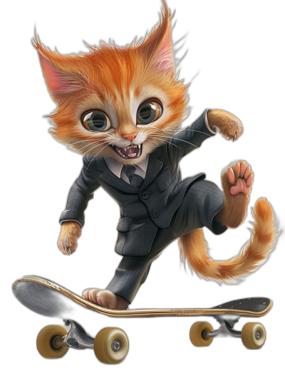 A cute ginger cat in a suit riding on a skateboard, in the style of cartoon, black background, vector art, 2D design, high contrast shading, with hyper realistic details, high resolution