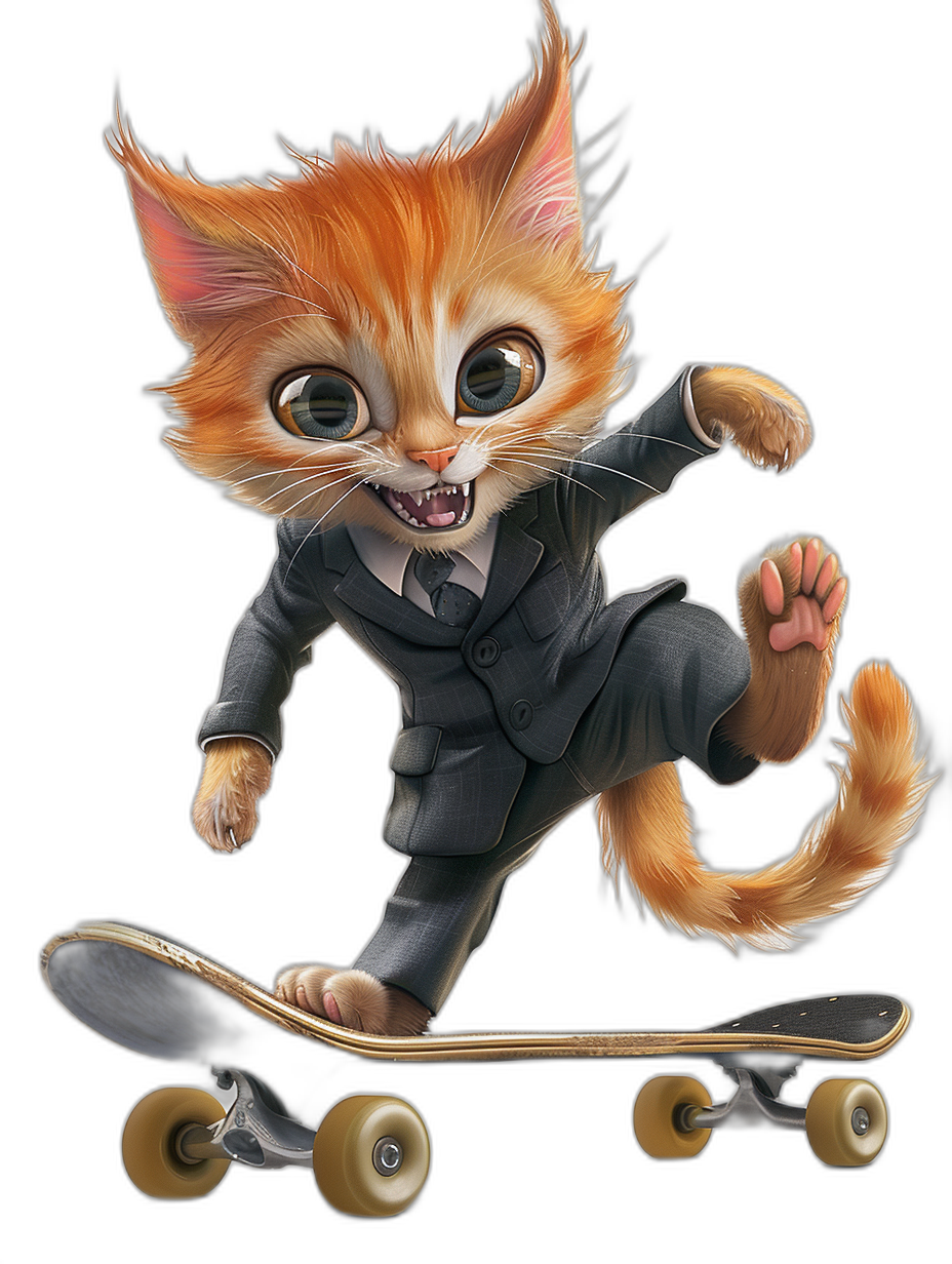 A cute ginger cat in a suit riding on a skateboard, in the style of cartoon, black background, vector art, 2D design, high contrast shading, with hyper realistic details, high resolution