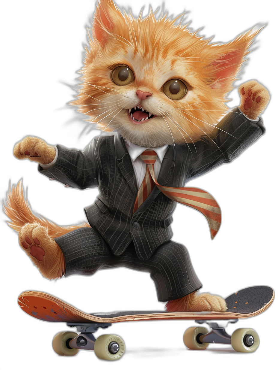 Funny cute orange cat in a suit and tie riding on a skateboard, detailed character illustrations, black background, vector art, cartoon, hyper-realistic, hyper-detailed, hyper-resolution, high detail, full body shot, octane rendering, volumetric lighting, digital painting, cinematic, concept art, in the style of Disney Pixar studio.