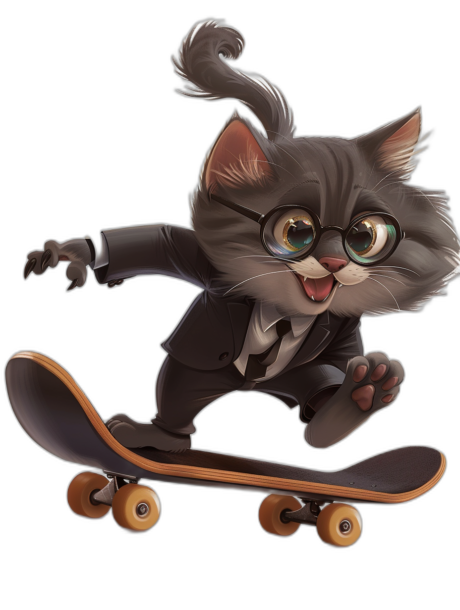 Cute cat in a suit and glasses riding a skateboard, in the style of cartoon, black background, 2D game art