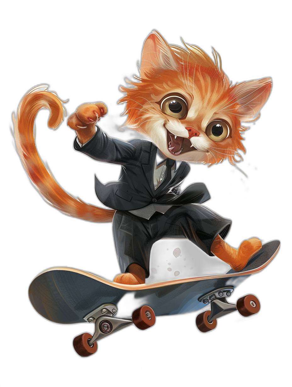 A happy smiling orange cat in a suit riding on a skateboard, vector illustration in the style of whitcomb-girls, cartoon for kids, black background, cartoon realism.