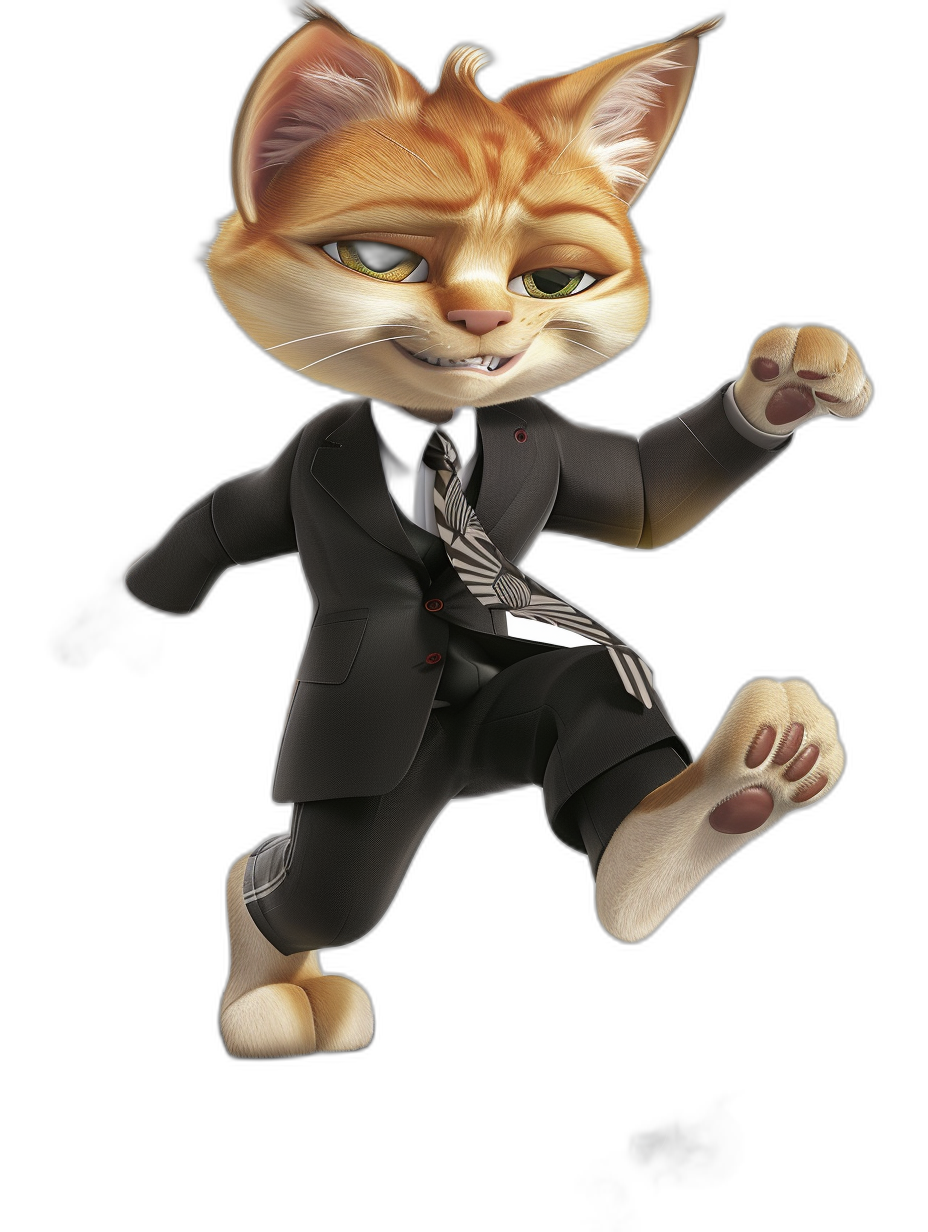 3D render of an anthropomorphic cat in a suit, smiling and running on a black background, in the style of Disney Pixar, cartoon style, cute