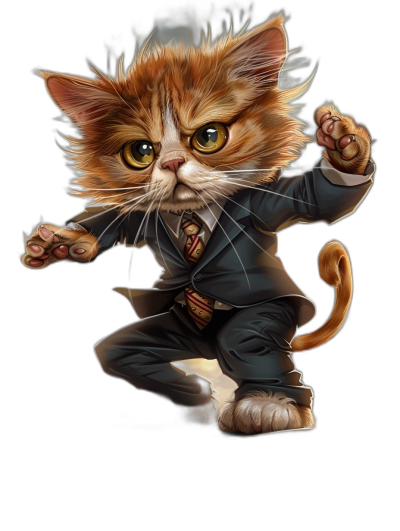 A realistic digital illustration of an angry ginger cat dressed in the black suit and tie from Harry Potter, he is doing kung-fu moves on a solid pure black background in the style of Harry Potter.