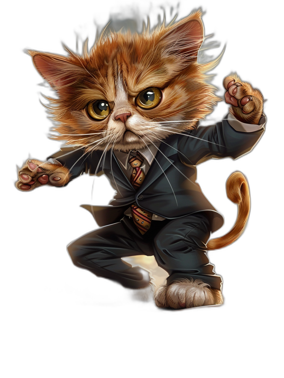 A realistic digital illustration of an angry ginger cat dressed in the black suit and tie from Harry Potter, he is doing kung-fu moves on a solid pure black background in the style of Harry Potter.