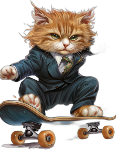 Cute fluffy cat wearing a suit and tie riding on a skateboard, in the vector art style, isolated against a black background, with high detail, in the hyper realistic cartoon style, like a digital painting, with natural lighting, at high resolution, showing the full body, with high details.