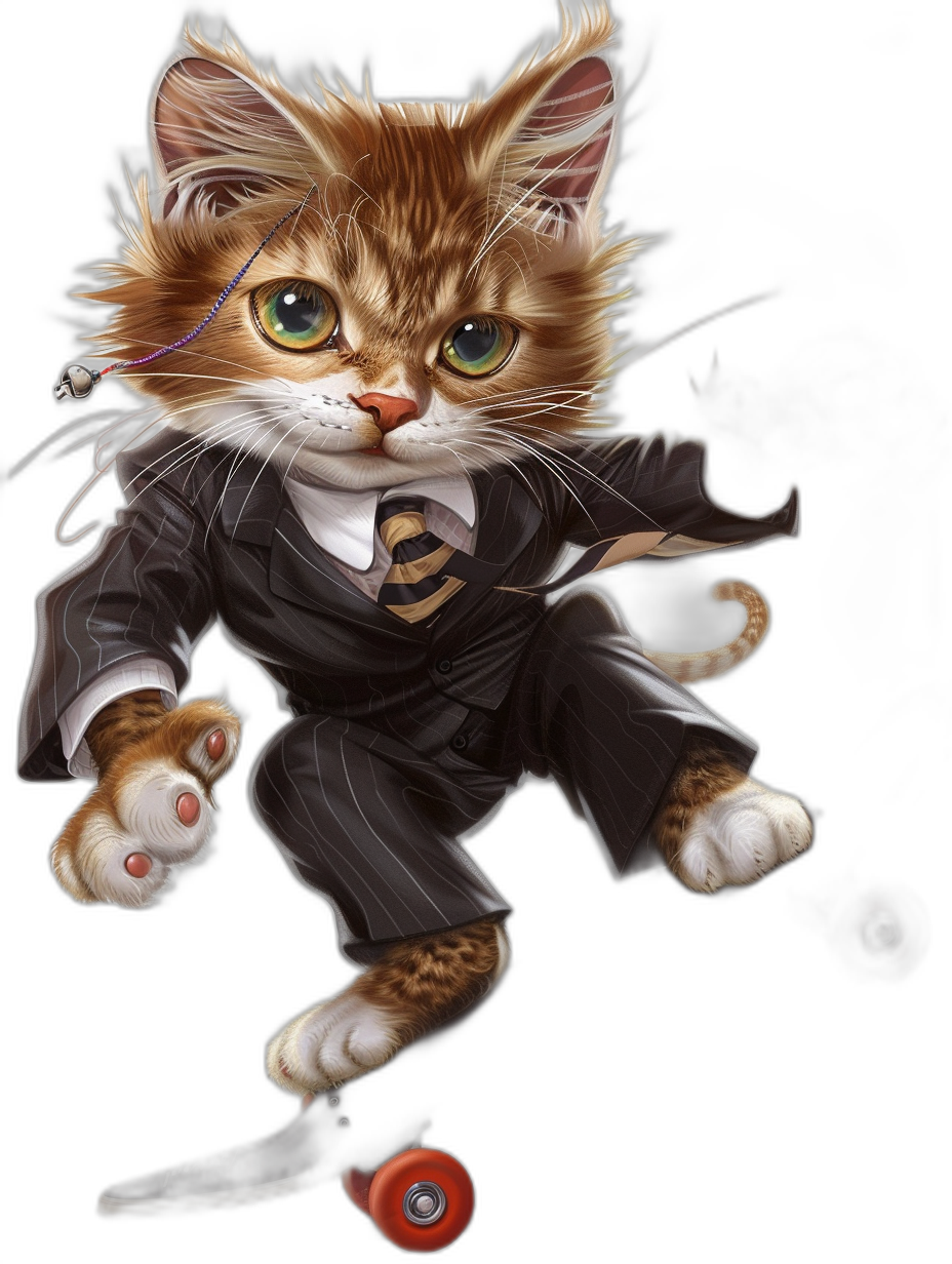 An extremely realistic digital artwork of a cute ginger cat wearing a suit and riding on a skateboard, black background, vector art in the caricature cartoon style, highly detailed, high resolution