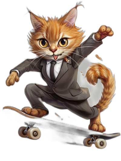 Cute cat in a suit skateboarding on a black background in the style of a vector illustration. Cute cartoon design showing the full body of the cat wearing a tie and shoes with ginger color and big eyes. Digital painting in the style of 2D game art with high resolution, high detail, and high quality.