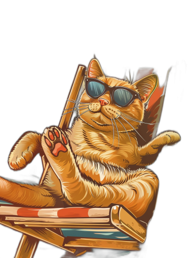 A ginger cat wearing sunglasses lounging on a beach chair, vector illustration with a black background. The cat is lounging in the style of a beachgoer.