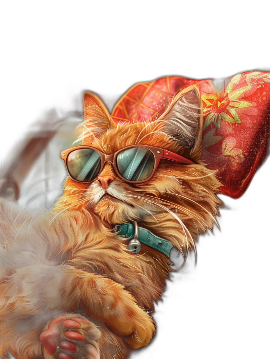 A realistic illustration of an orange cat wearing sunglasses and red hat, lying on its back with one paw hanging out in the air, black background, cute style, detailed character illustrations, texture-rich canvases, strong lighting contrasts, playful character design, hand-painted details