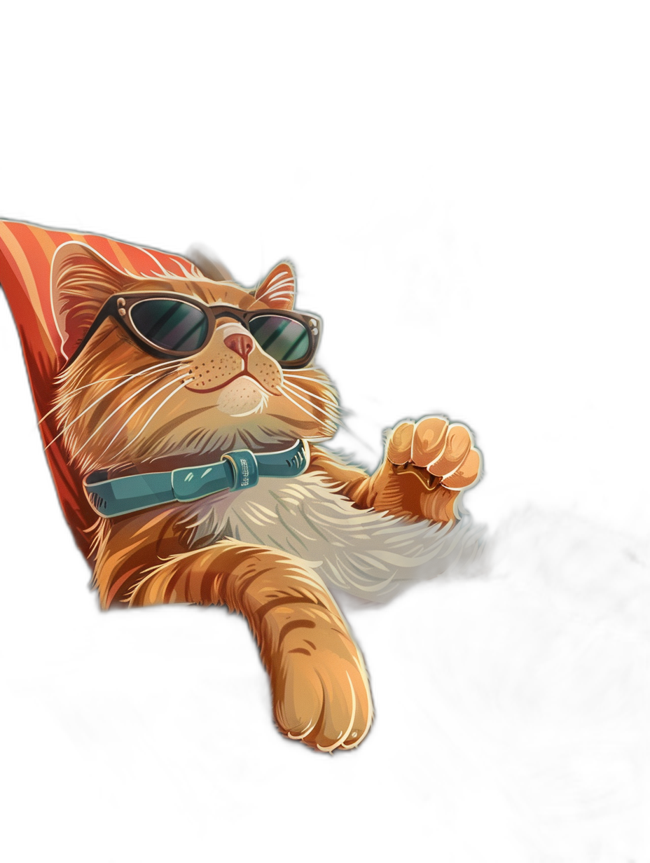 digital art of a cute and fat orange cat wearing sunglasses, the kitten is lying on a red pillow against a black background in the style of minimal style.