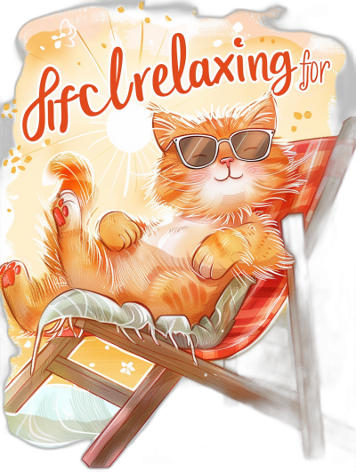 A happy smiling ginger cat in sunglasses is lying on the sunbed and relaxing, vector graphics with text "life for relaxation", colorful, detailed illustration, whimsical background, t-shirt design. The artwork has colorful, detailed details in the style of digital art.