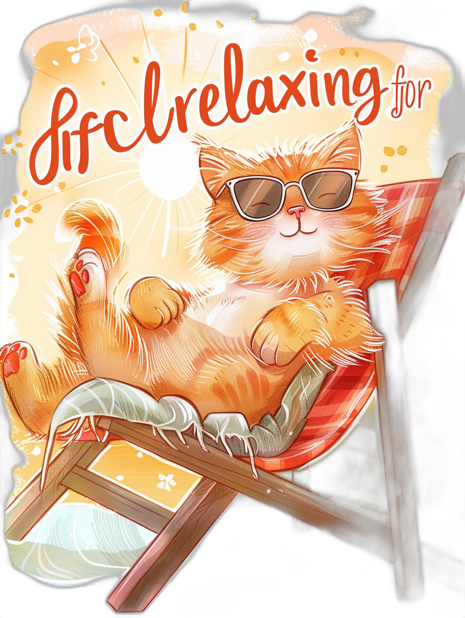 A happy smiling ginger cat in sunglasses is lying on the sunbed and relaxing, vector graphics with text “life for relaxation”, colorful, detailed illustration, whimsical background, t-shirt design. The artwork has colorful, detailed details in the style of digital art.