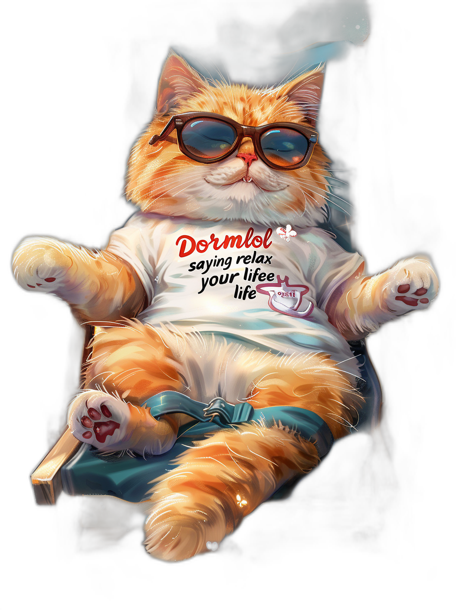 digital art of cute fat orange cat , wearing sunglasses and tshirt with text “doraemon says relax your life”, sitting on chair, black background , chilling happy expressioned, full body wide angle shot