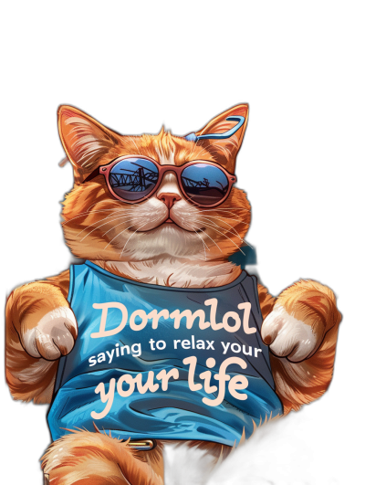 A ginger cat wearing sunglasses and a blue t-shirt with the text "DormLRot saying to relax your life", black background, in the style of vector art, digital illustration, cartoon, cute