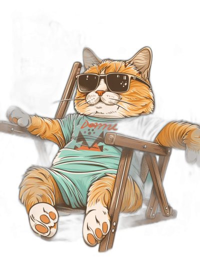 A fat ginger cat wearing sunglasses and a teal t-shirt sitting in a beach chair against a black background, in the vector art style and resembling a Pixar cartoon character with a full body design.