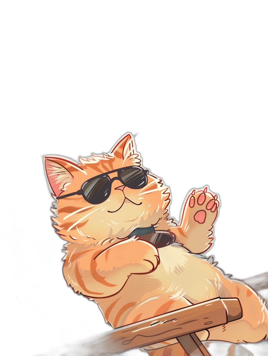 digital art of a cute and fat orange cat, wearing sunglasses, sitting on a chair with a black background, with a chill out expression, one paw up in the air, in the style of cartoon.