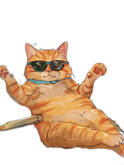 digital art of cool and fat orange cat , wear sunglasses, holding one cigar in his mouth , wearing blue collar with gold button beside the neck , lying on black background full body , minimal style , chill vibes