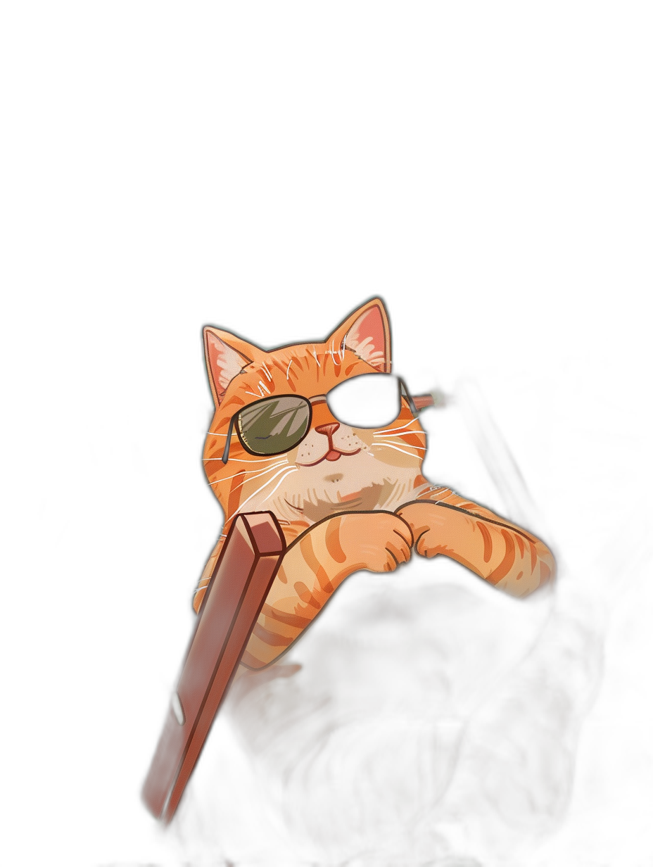 digital art of a cute and fat orange cat, wearing sunglasses, holding a magic wand, against a black background, with a chill and happy toned mood.