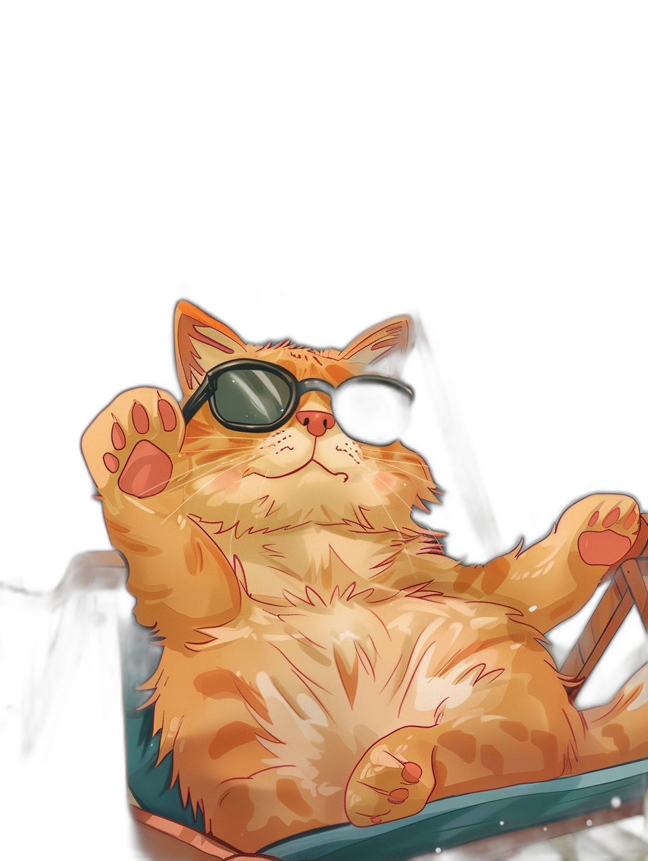 digital art of cute and fat orange cat , wearing sunglasses, sitting on the chair with black background, chill happy expression , full body , holding his paws up to camera