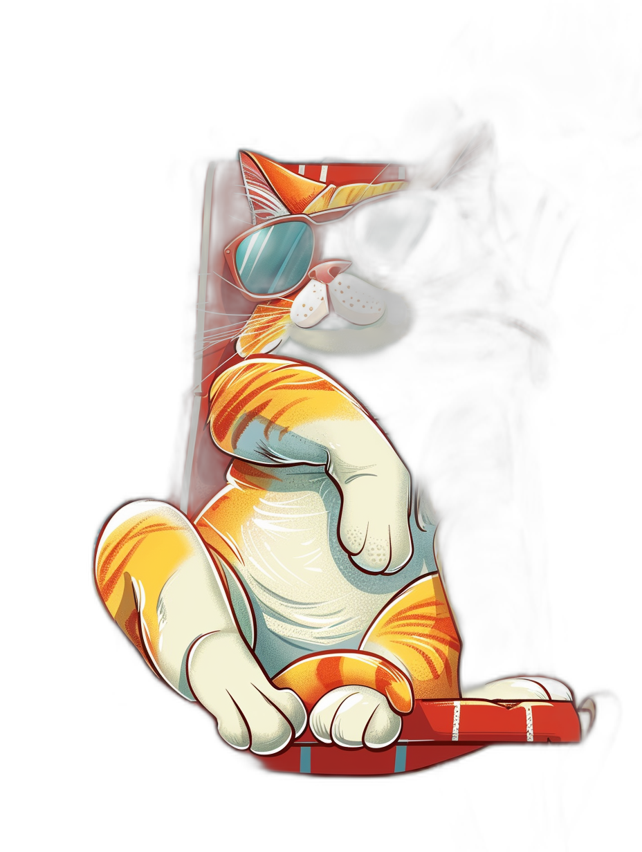 A cat wearing sunglasses sitting on top of an iPhone. A comic style illustration with a black background showing a front view of the cat in 3D with red and orange colors in the style of a sticker art design.